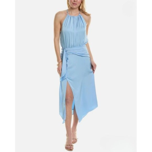 Ramy Brook “Amanda” Halter Neck Ruched Midi Dress in Misty Blue NWT – Size 4 - Picture 1 of 5